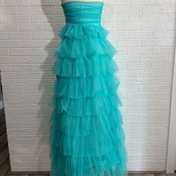 NWT Lulu’s Fabulous Existence Teal Green Tulle Strapless Tiered Maxi Dress Sz M - Picture 8 of 15